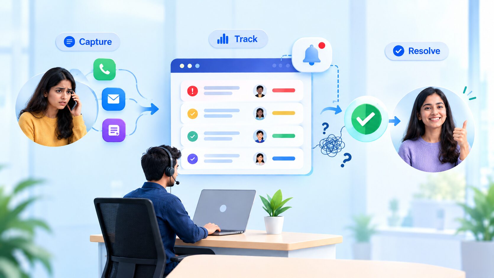 Complaint management workflow showing a customer issue captured, tracked in a ticket dashboard and resolved